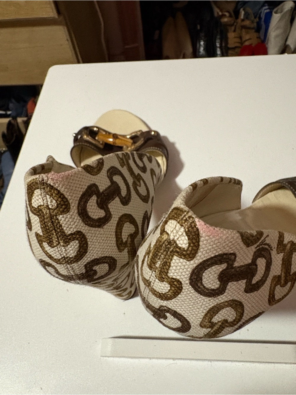 Gucci Beige Canvas and Brown Leather Bamboo-Accent Heels - Picture 9 of 11
